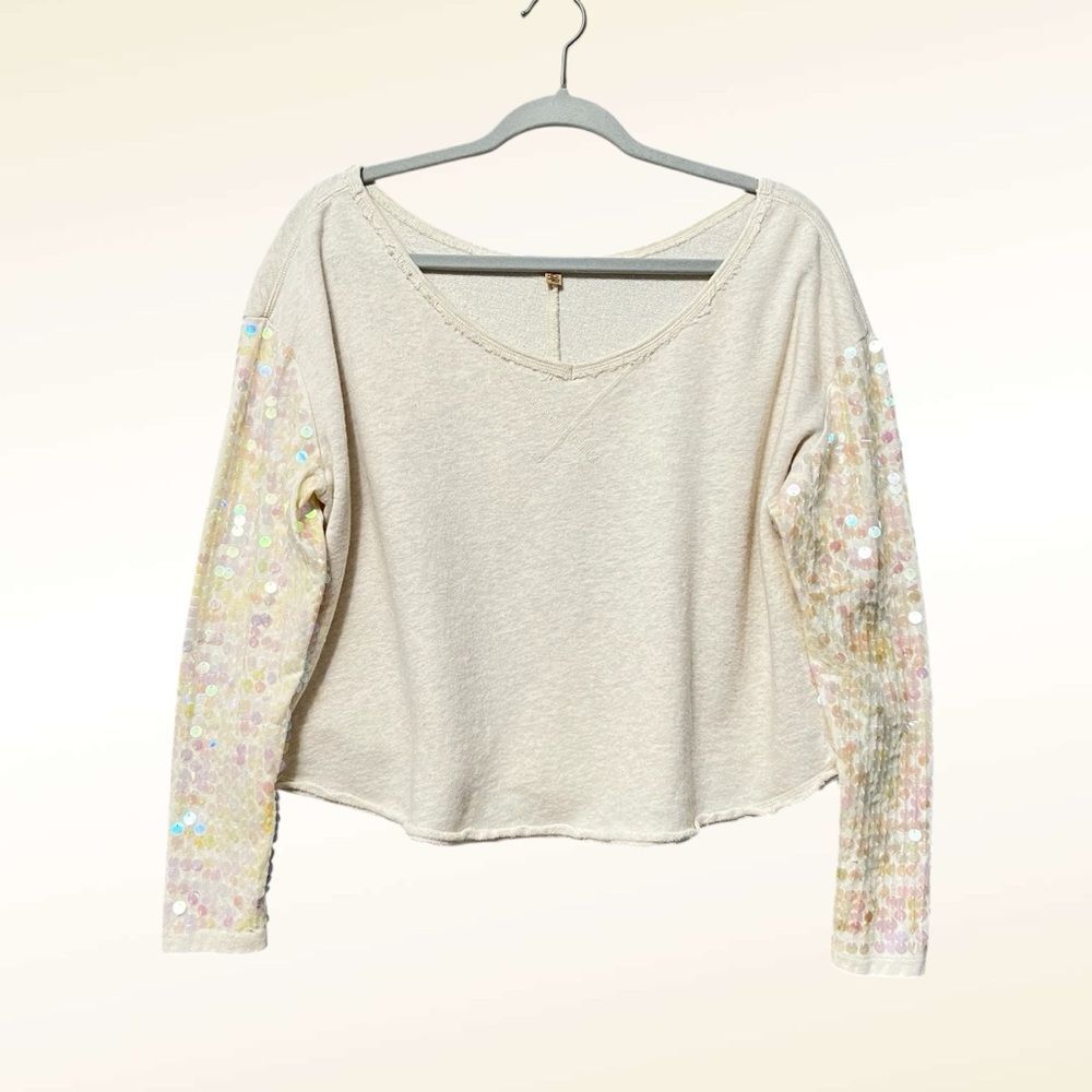 Free People Sequin Sleeve Crop Sweatshirt Size Small Off White Boxy Oversized